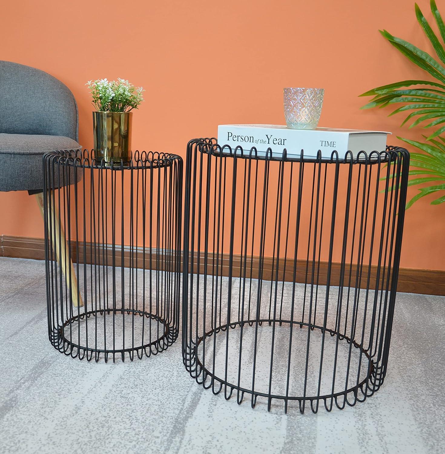 Nesting Tables Set of 2 Round End Tables Living Room Wire Coffee Table Cage Black Bedside Glass Mirrored Top Caged Side Indoor Furniture - Ouch Cart