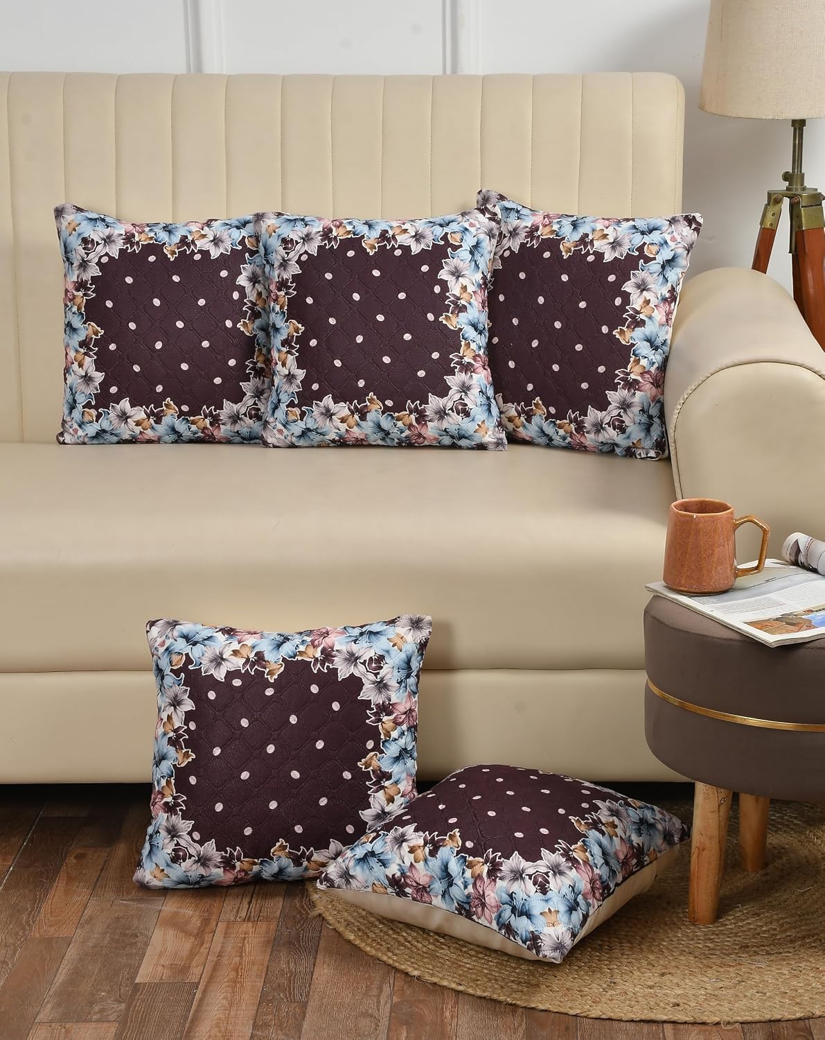 Premium Quilted Holland Velvet Cushion Covers, Coffee Floral, 16 x 16 Inch, Set of 5 OUCH CART