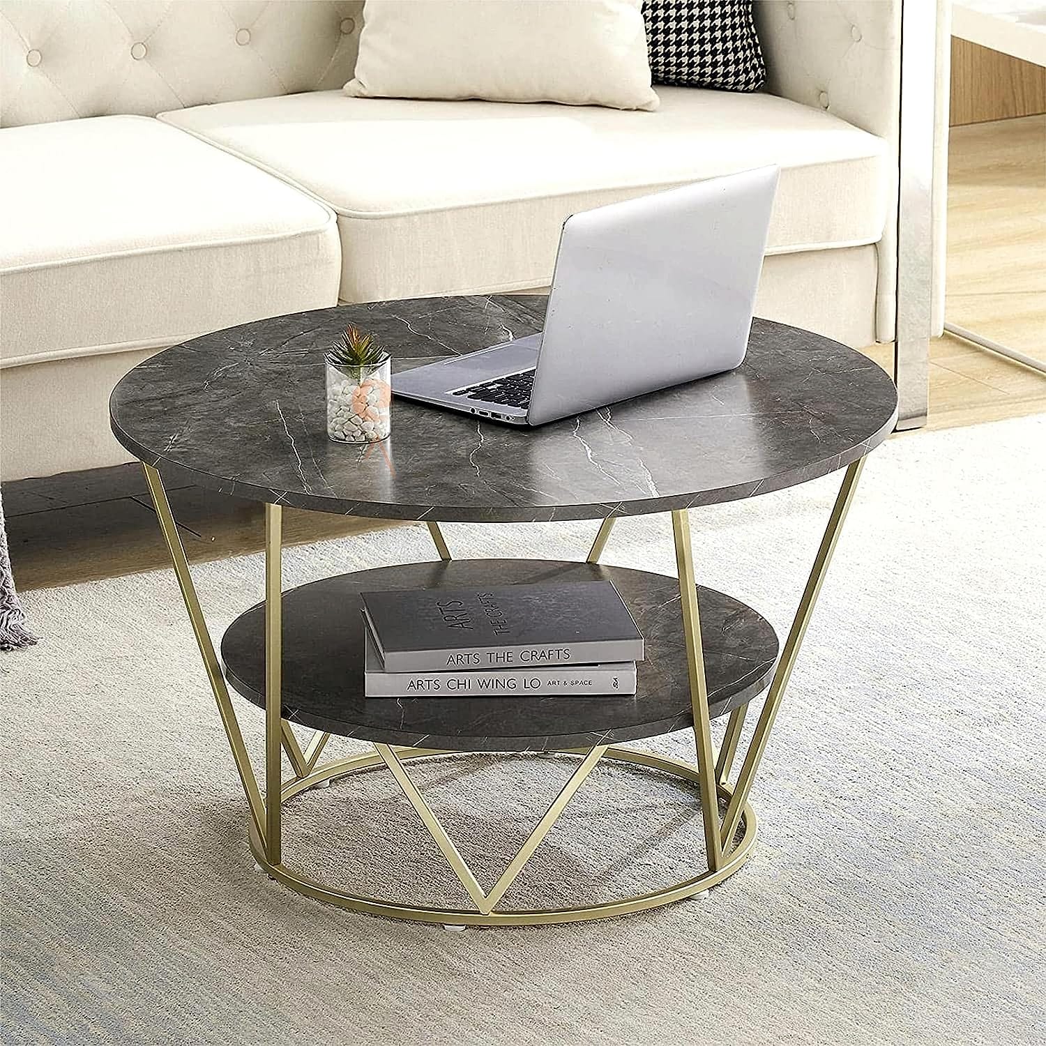 Round Coffee Table for Living Room, Round Cocktail Table with Storage, Sofa Table with Shelf Accent Tables Metal Frame for Living Room