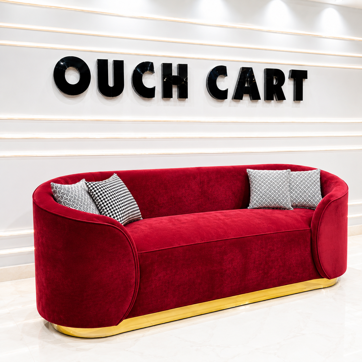 Ouch Cart Luxury Red Velvet Sofa | Modern 3-Seater Curved Sofa with Gold Base OUCH CART