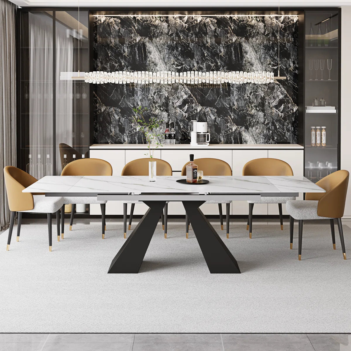 94.5” Extendable Dining Table Set With Rectangular Sintered Stone Top And 6 Faux Leather Chairs