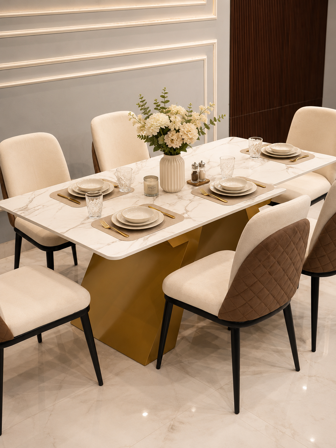 Modern 6 Seater Marble Dining Table Set with Gold Metal Base & Upholstered Chairs | Luxury Dining Room Furniture OUCH CART