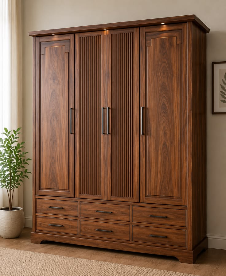 Modern 4 Door Wooden Wardrobe with 6 Storage Drawers