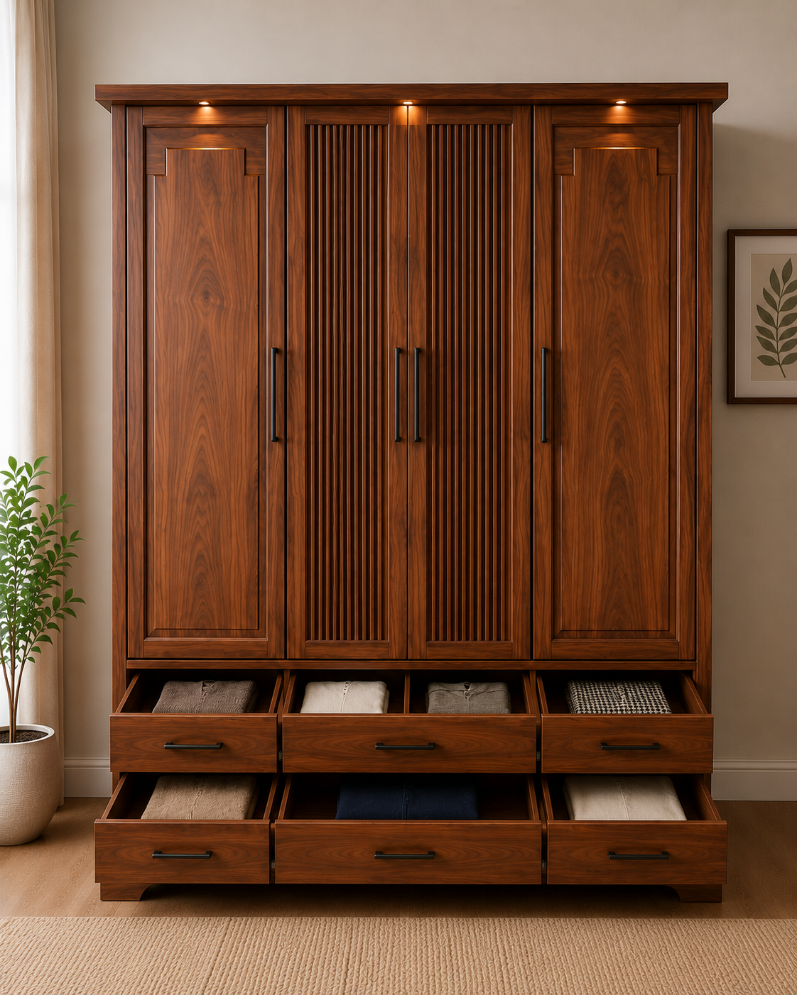 Modern 4 Door Wooden Wardrobe with 6 Storage Drawers