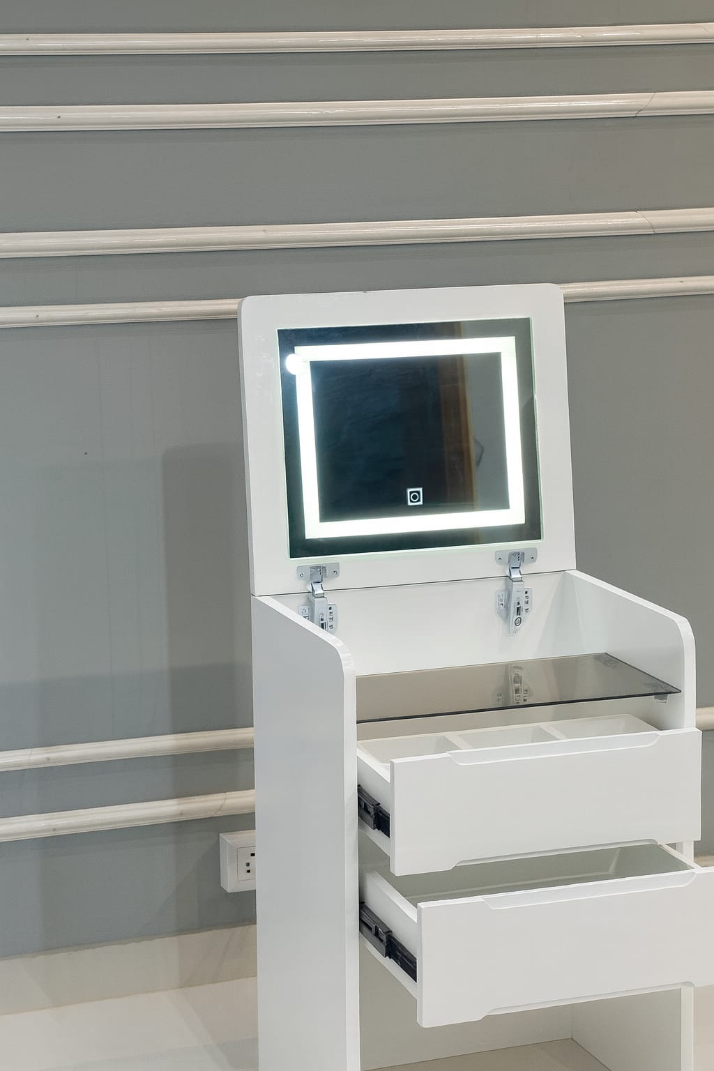 47’’ High-End Makeup Vanity Set with Glass Top, 5 Drawers, Built-In Power & Stool