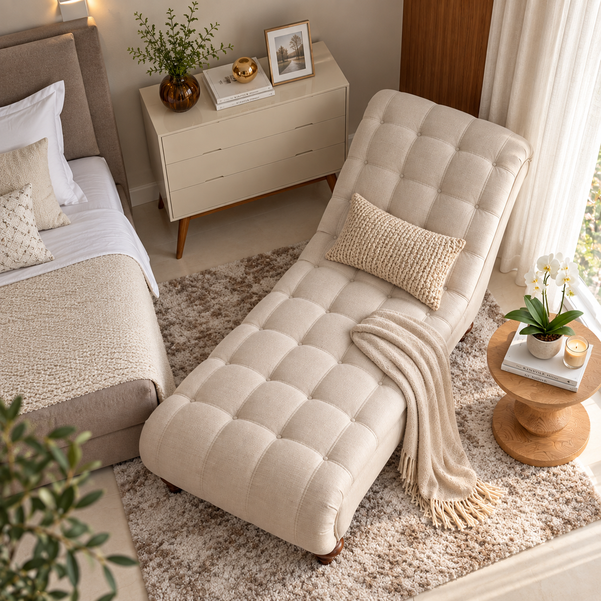 Luxury Tufted Chaise Lounge | Cream Upholstered Bedroom Relaxation Sofa with Button Detailing