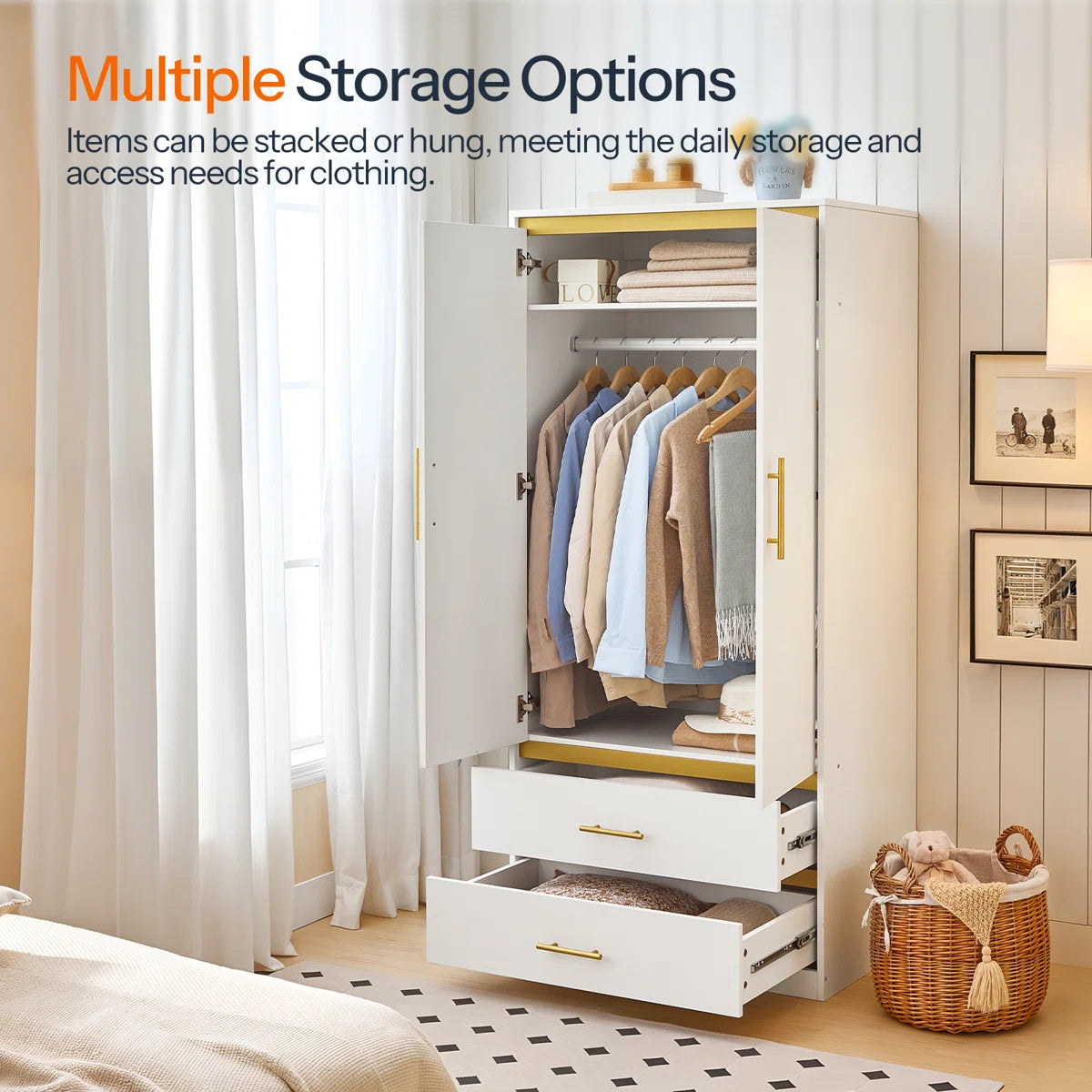 2-Door 66.9" H Armoire Wardrobe – Closet with Hanging Rod & 2 Drawers OUCH CART