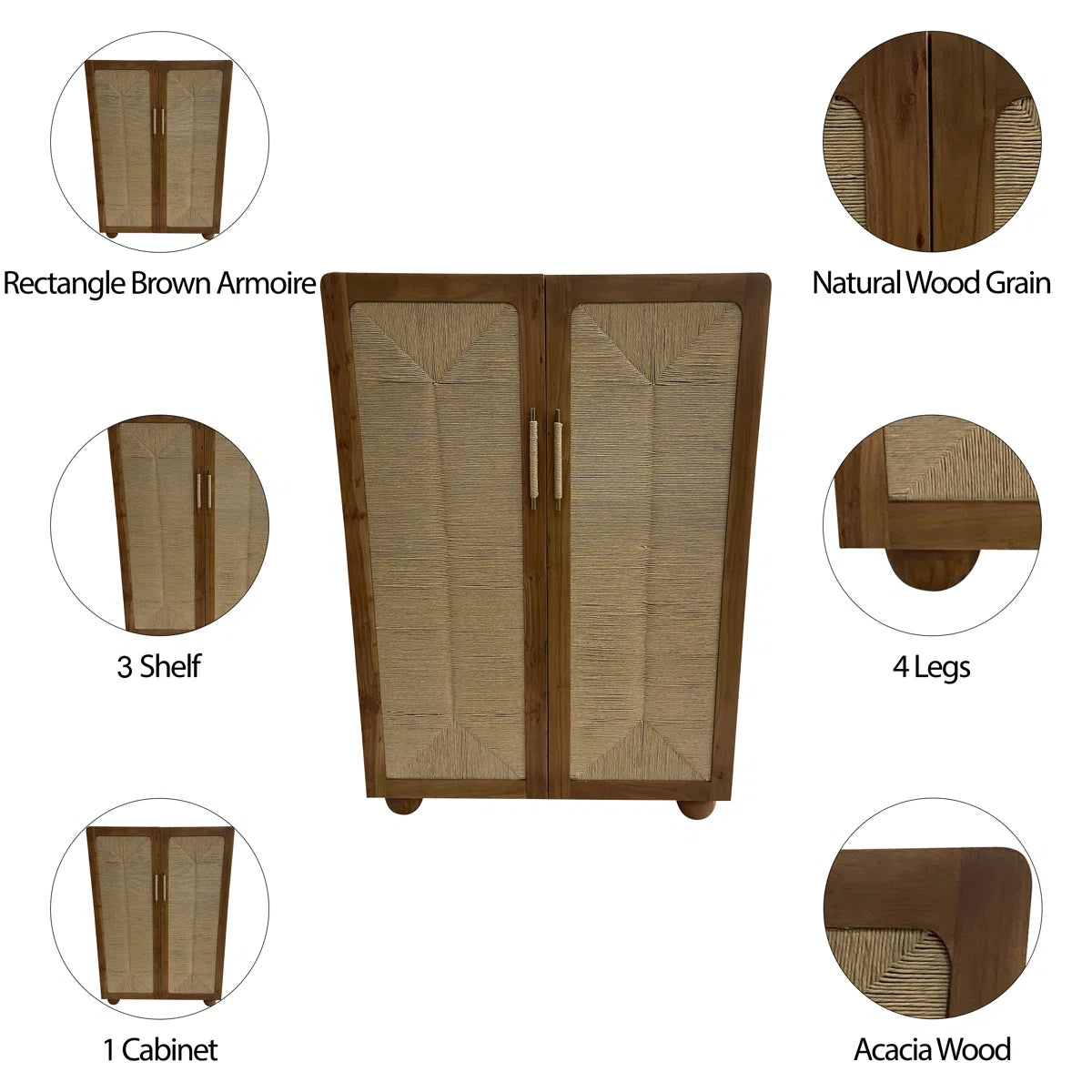 60" Brown Acacia Wood Armoire – Modern Bedroom Wardrobe, Rectangular Design