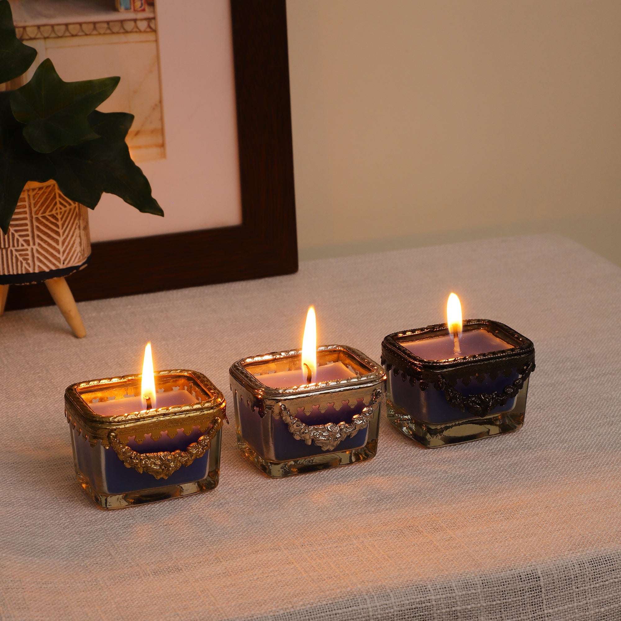 ocean breeze blue Scented candle glass jar with silver ring