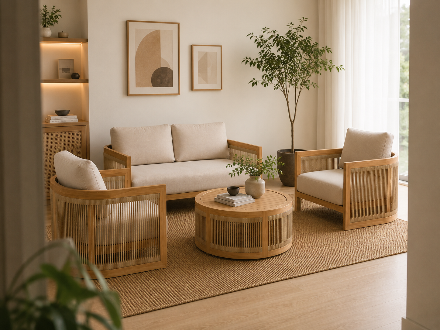 Modern Wooden Cane Accent Chair | Solid Wood Single Seater Sofa | Upholstered Lounge Chair for Living Room