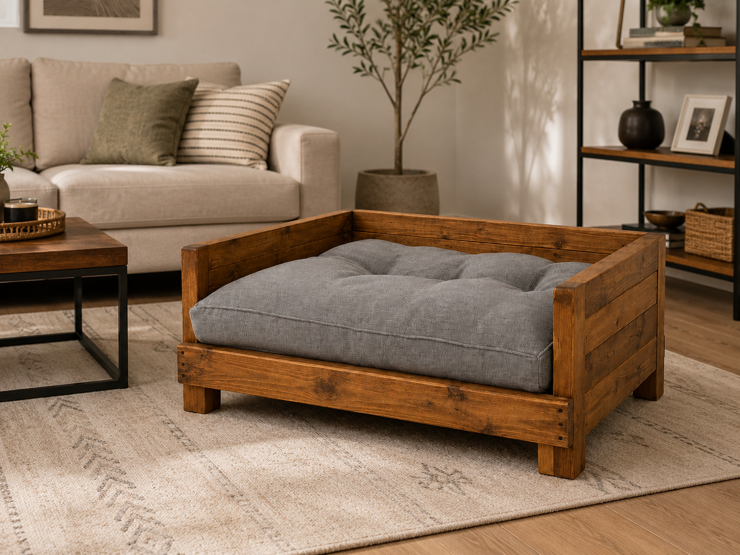 Solid Wood Dog Bed with Plush Cushion | Luxury Elevated Wooden Pet Sofa for Small & Medium Dogs