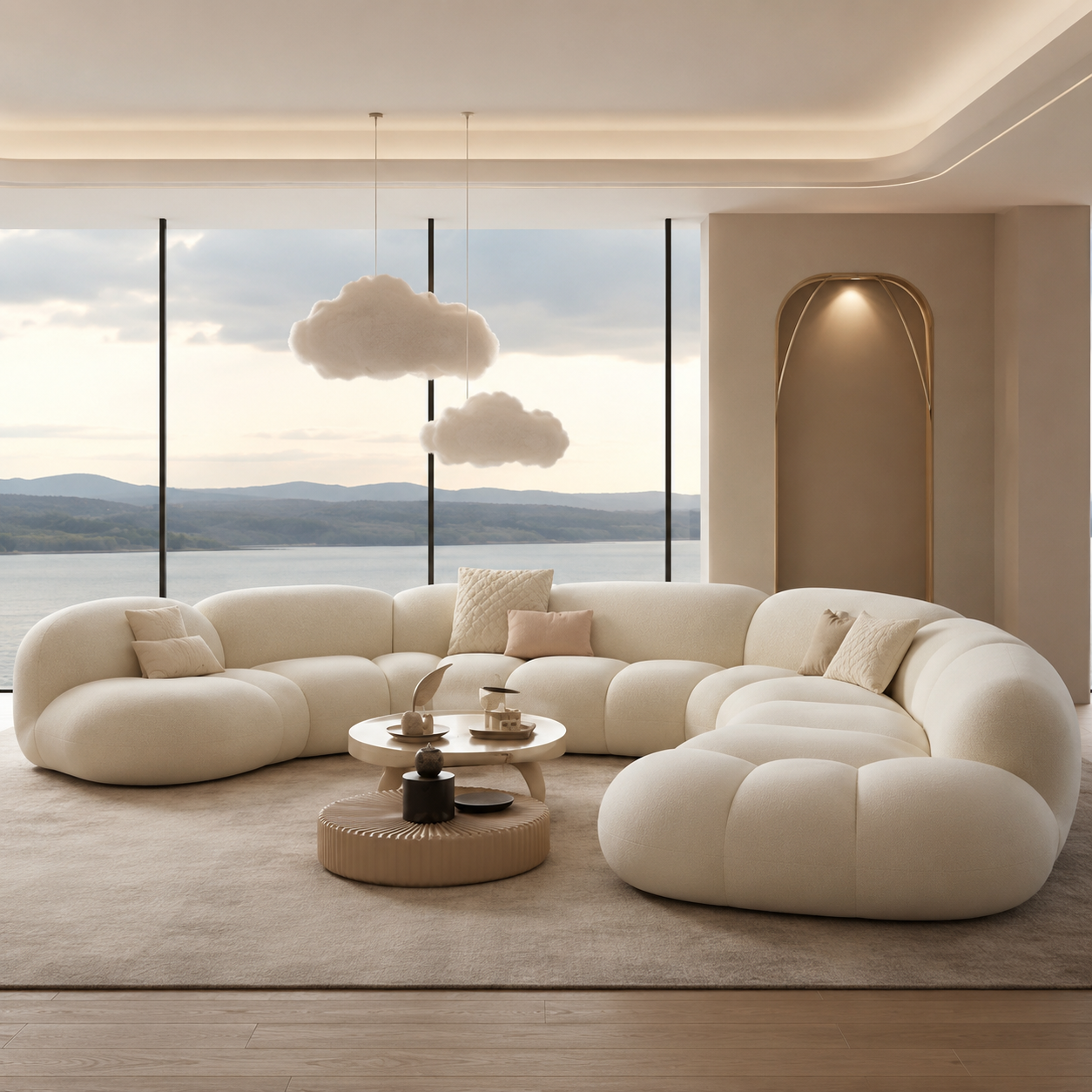Ouch Cart Modern Curved Bouclé Sectional Sofa – Luxury Cloud Couch for Living Room | Plush Upholstered Contemporary Designer Sofa OUCH CART