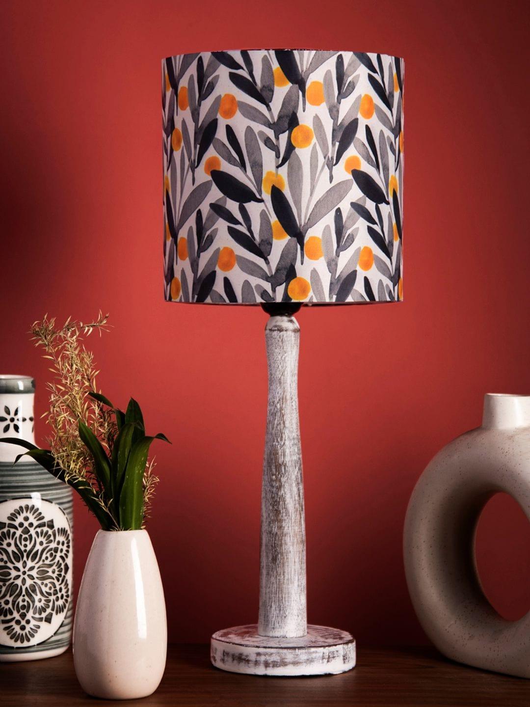 Distress White Wooden Lamp with Yellow Leaf Shade - Ouch Cart