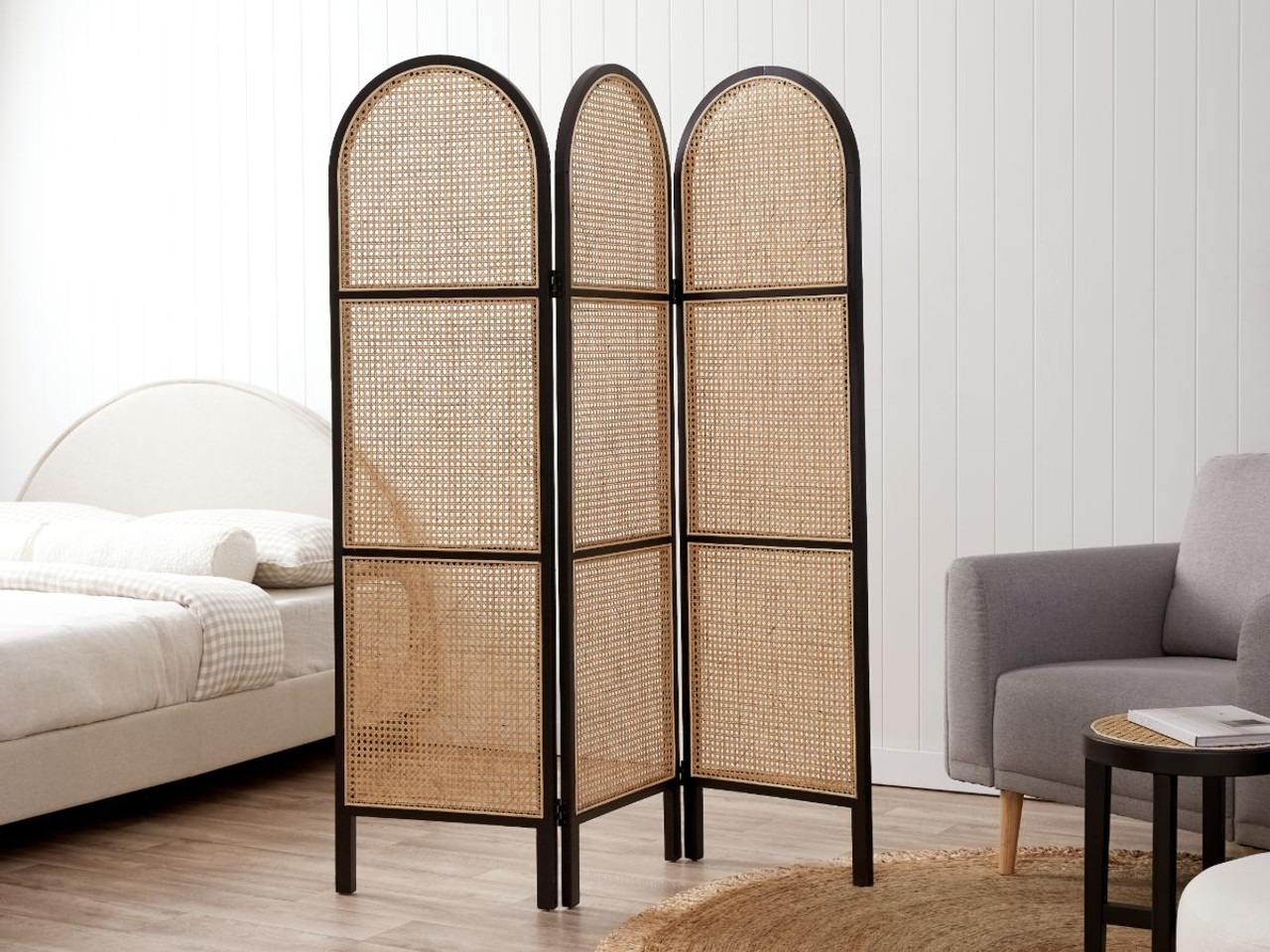 Ouch Cart 3 Panel Rattan Room Divider | Arched Folding Privacy Screen with Black Frame