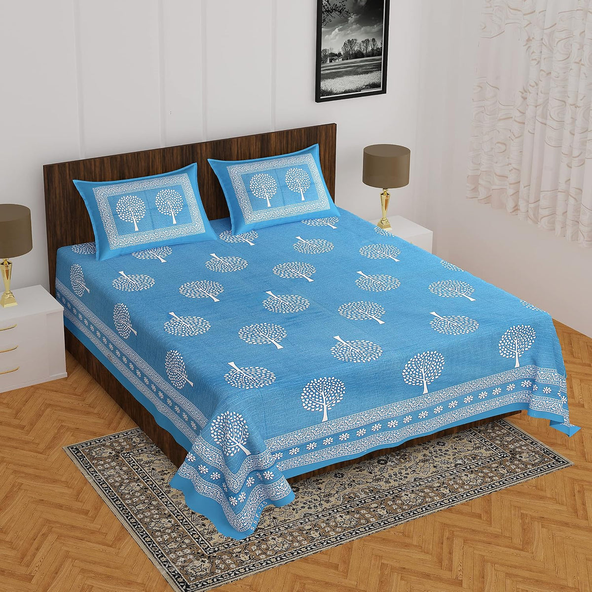 Pure Cotton Jaipuri Double Queen Bedsheet with 2 Pillow Covers | 90 x 100 Inches | 144 TC | Dark Blue Botanical Print | Soft & Breathable Flat Bedsheet OUCH CART