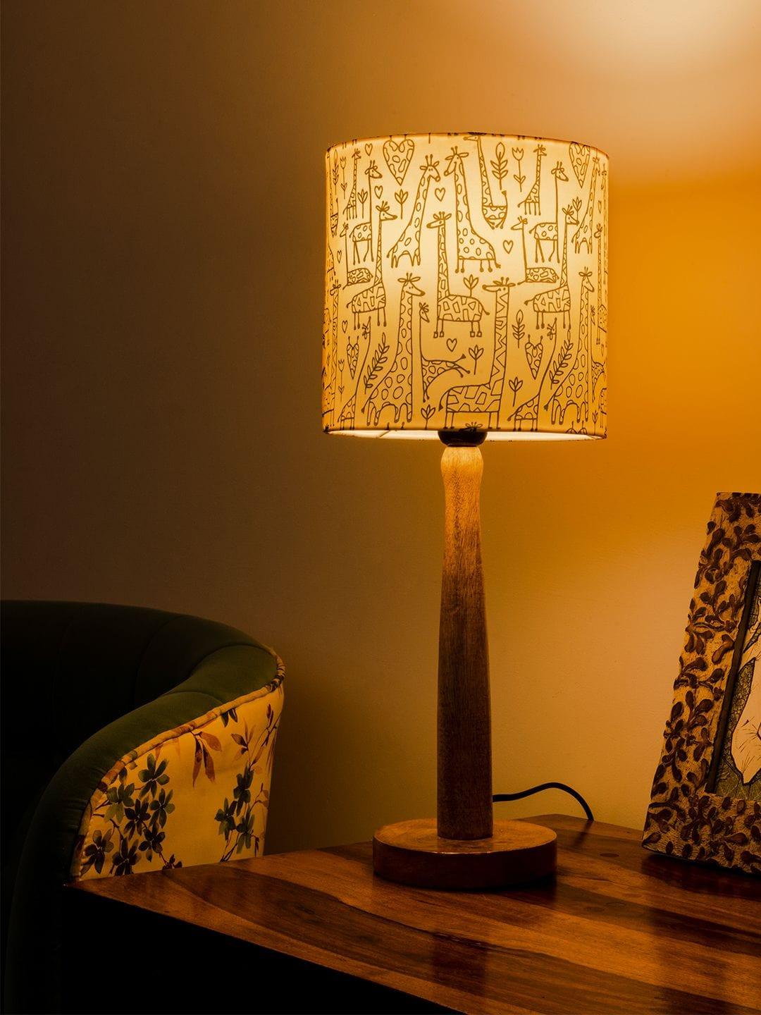 Wooden Brown Table Lamp with Animal Print Shade - Ouch Cart