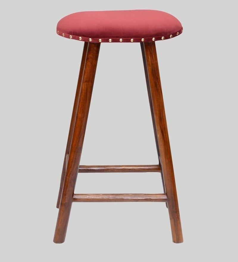 Bira Mango Wood Bar Stool In Velvet Red Colour - Ouch Cart