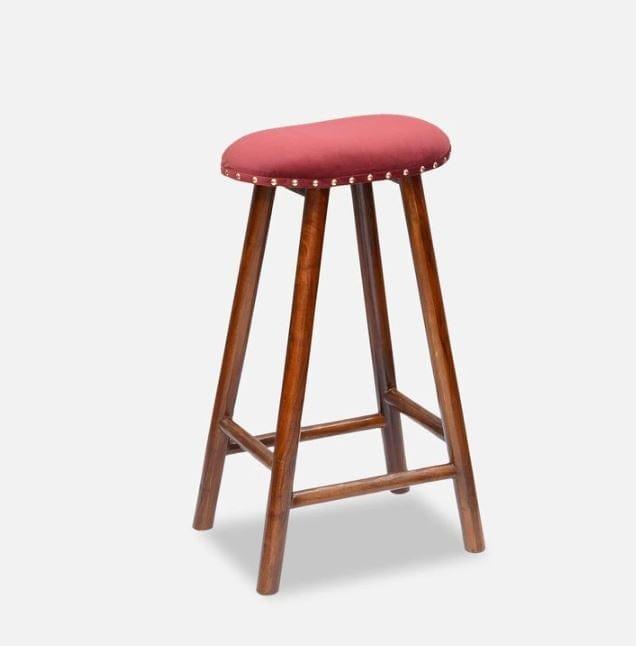 Bira Mango Wood Bar Stool In Velvet Red Colour - Ouch Cart