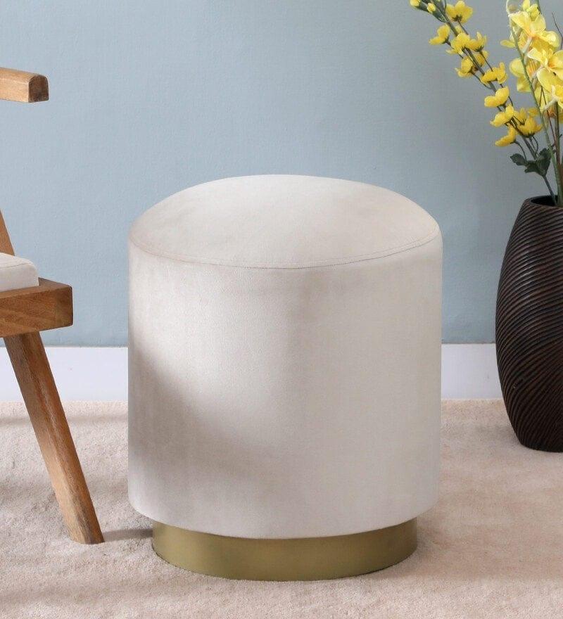 Kate Metal Pouff In Velvet White Colour - Ouch Cart