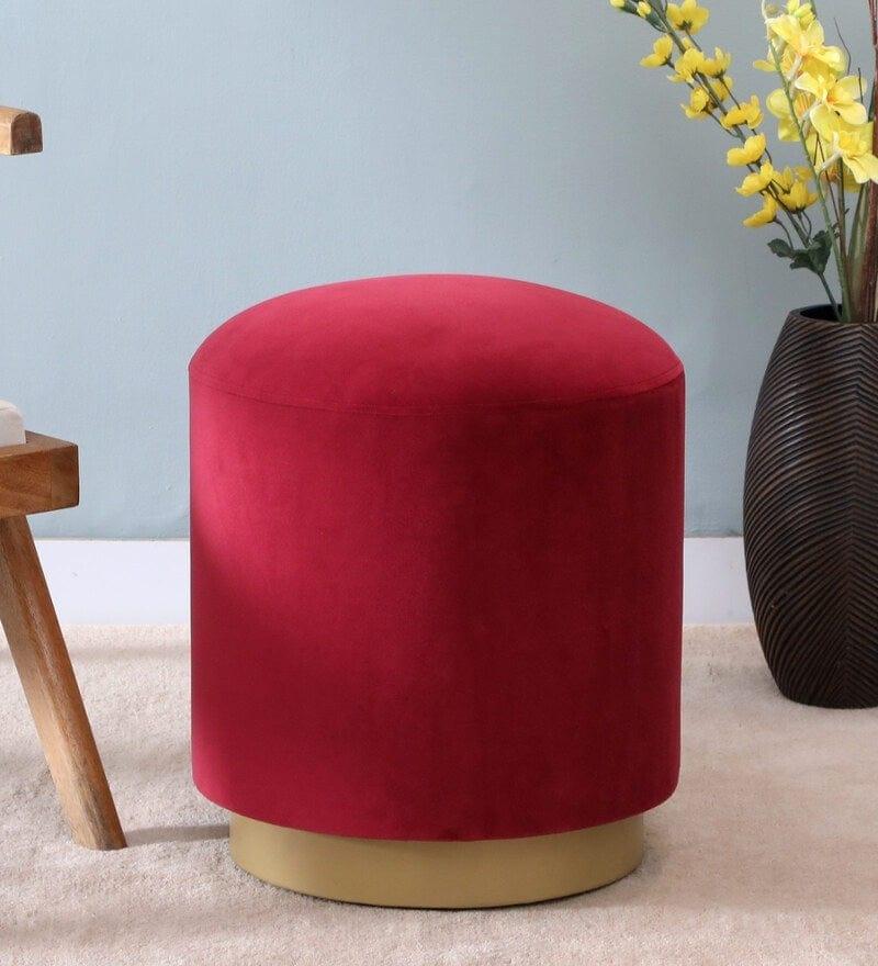 Bikina Metal Pouff In Velvet Red Colour - Ouch Cart