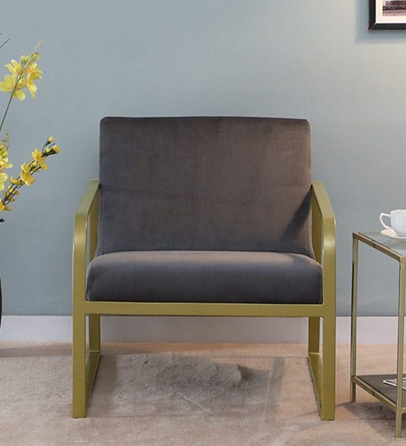 Ronaldo Metal Chair In Velvet Grey colour - Ouch Cart | Armchair | Wing chair