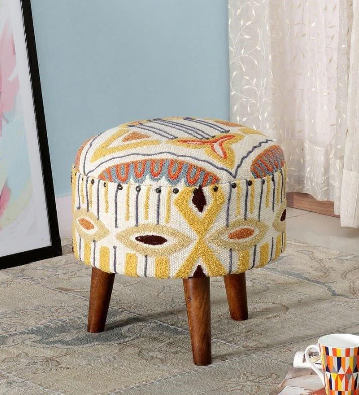 Siamika Mango Wood Foot Stool In Cotton emerald Yellow Colour - Ouch Cart