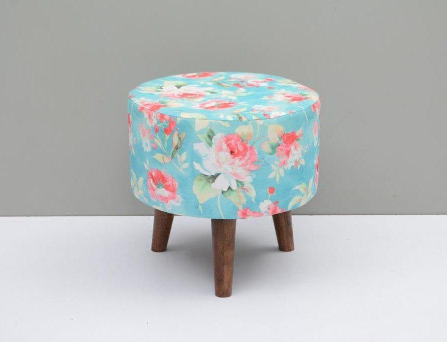 Harrington Mango Wood Foot Stool In Cotton Blue Colour - Ouch Cart