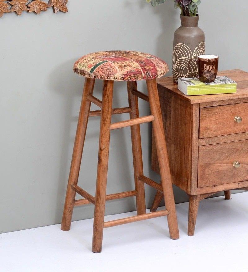 Cady Mango Wood Bar Stool In Velvet MultiColour - Ouch Cart