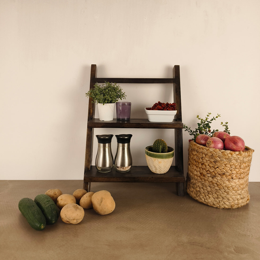 AMELIA Wooden Shelf 2 Step Ladder-OUCH CART | Kitchen rack