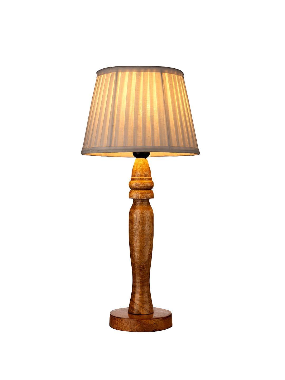 Wooden Round Brown Lamp with pleeted White Taper soft Shade - Ouch Cart