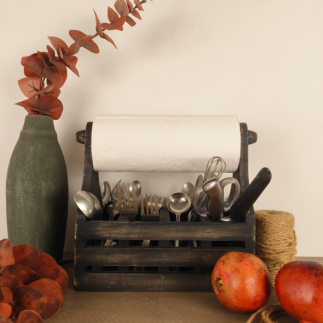 AUDREY Wooden Kitchen Roll Holder and Cutlery Holder