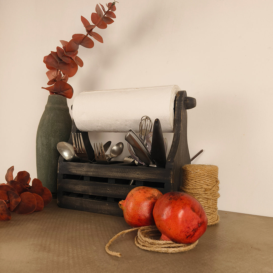 AUDREY Wooden Kitchen Roll Holder and Cutlery Holder