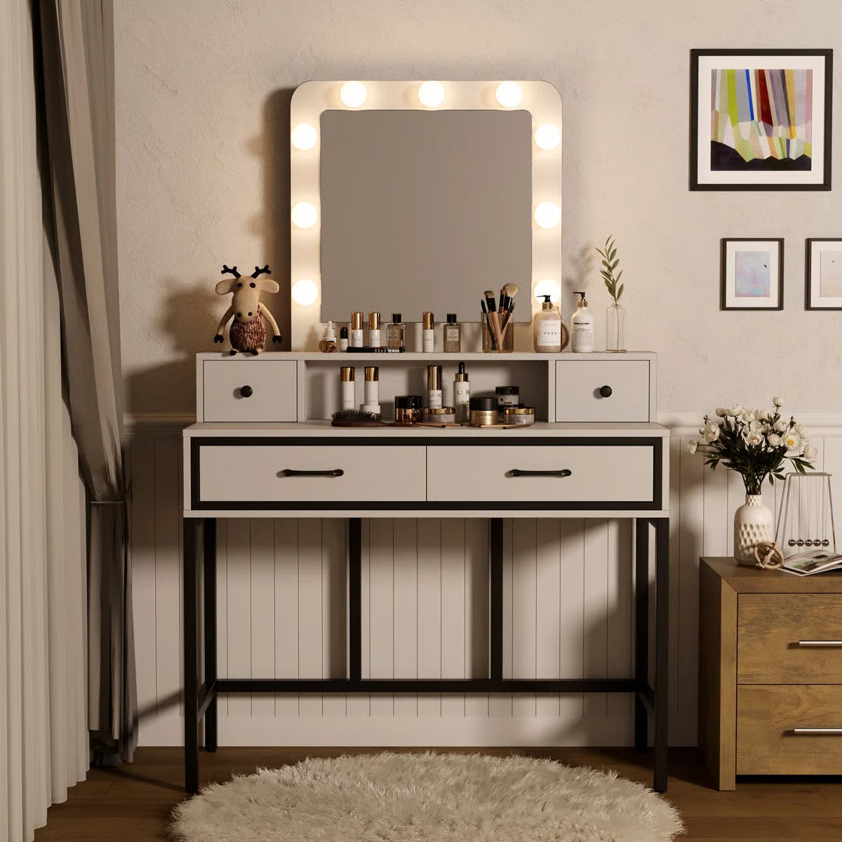Abdulaleem Lighted Makeup Vanity Table with Storage Drawers