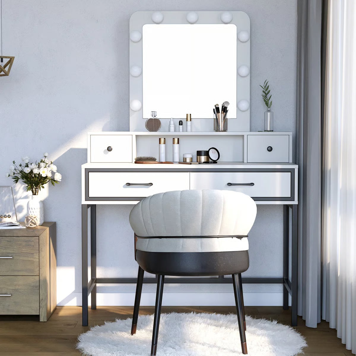 Abdulaleem Lighted Makeup Vanity Table with Storage Drawers