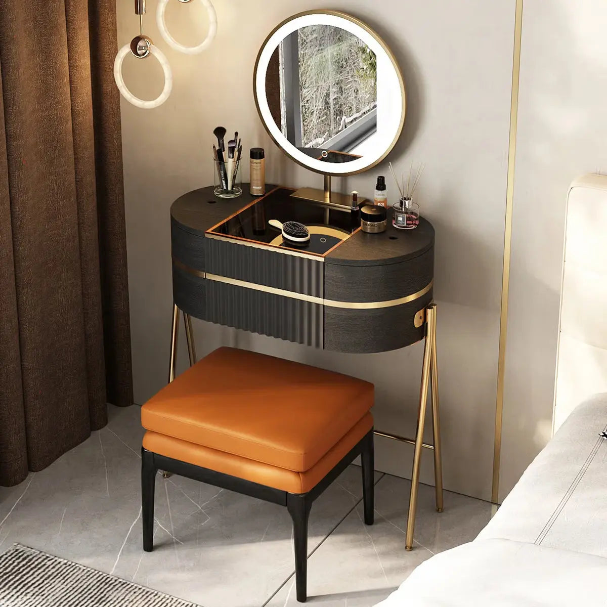 Adaisia Glass Top Makeup Vanity Set with Comfortable Stool High Quality and Easy Assembly
