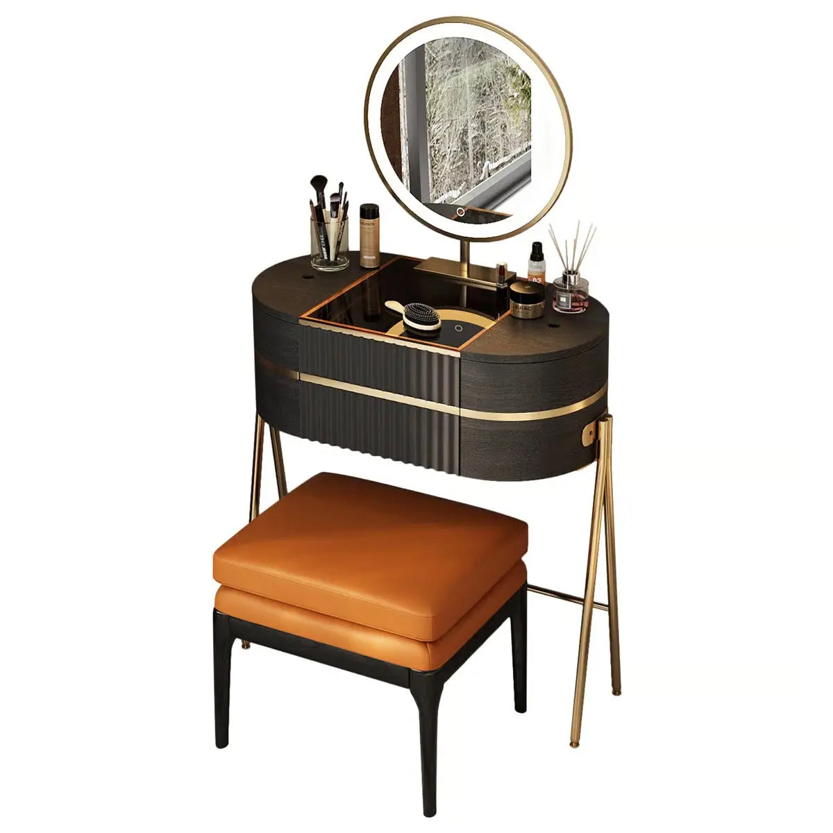 Adaisia Glass Top Makeup Vanity Set with Comfortable Stool High Quality and Easy Assembly- OUCH CART |Dressing table
