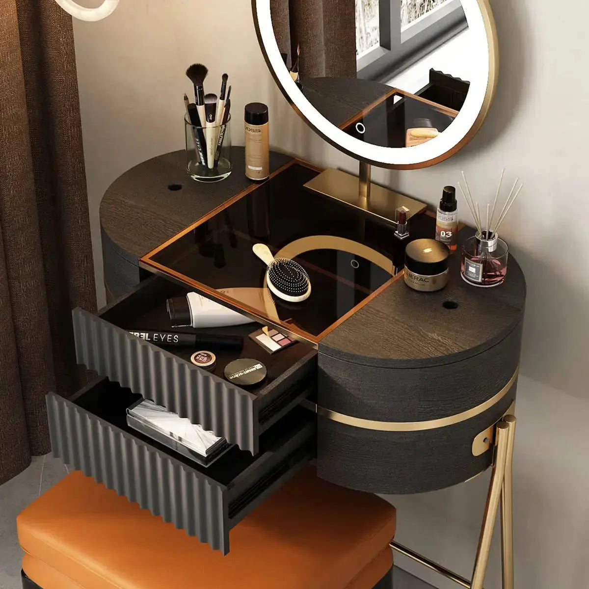 Adaisia Glass Top Makeup Vanity Set with Comfortable Stool High Quality and Easy Assembly OUCH CART