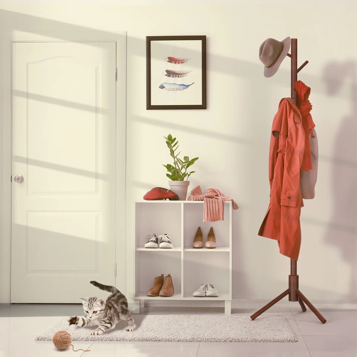 Hook Freestanding Adjustable Solid Wood Coat Rack for Bedroom, Closet, Entrance