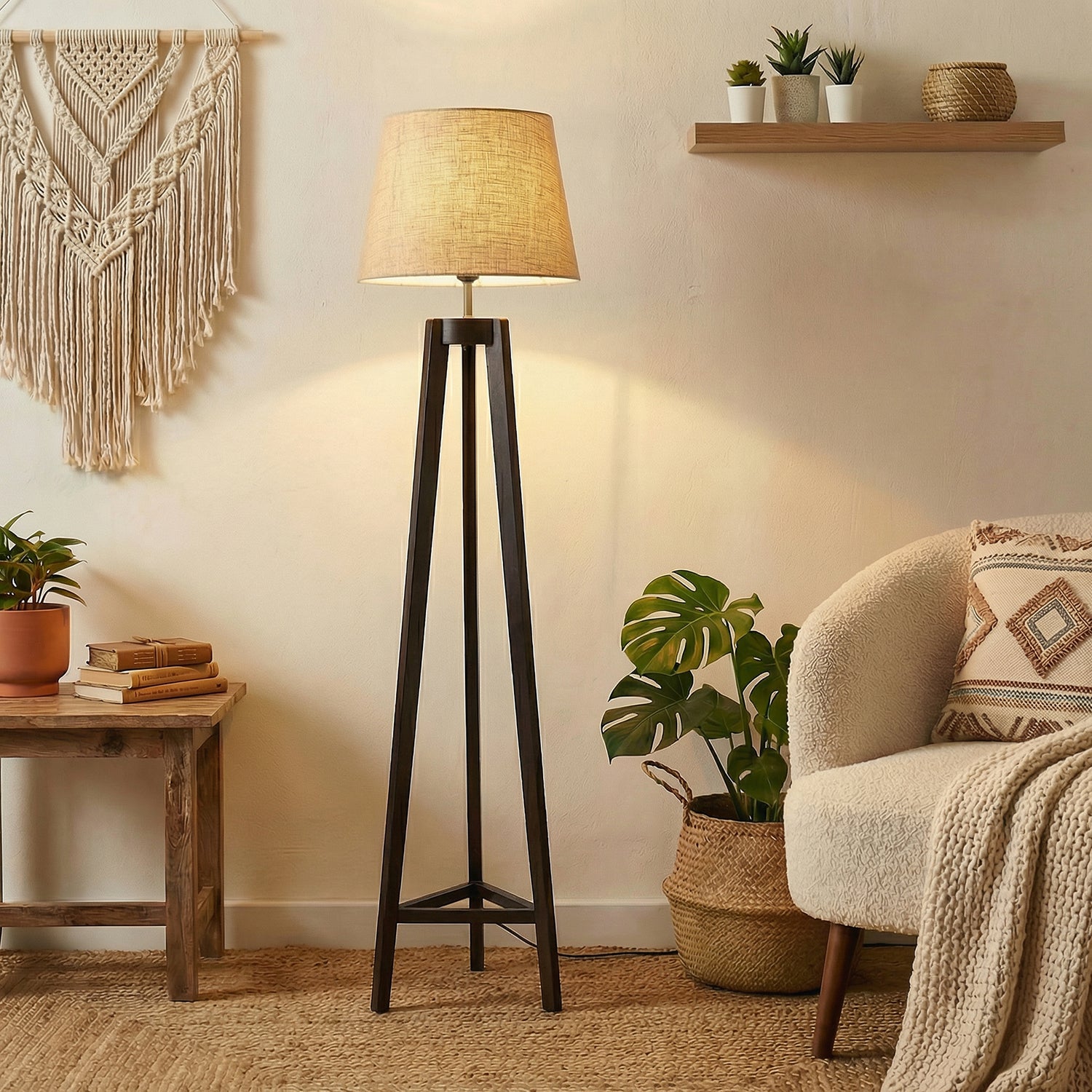 Adrienne Wooden Floor Lamp with Brown Base and Premium Beige Fabric Lampshade (BULB NOT INCLUDED)