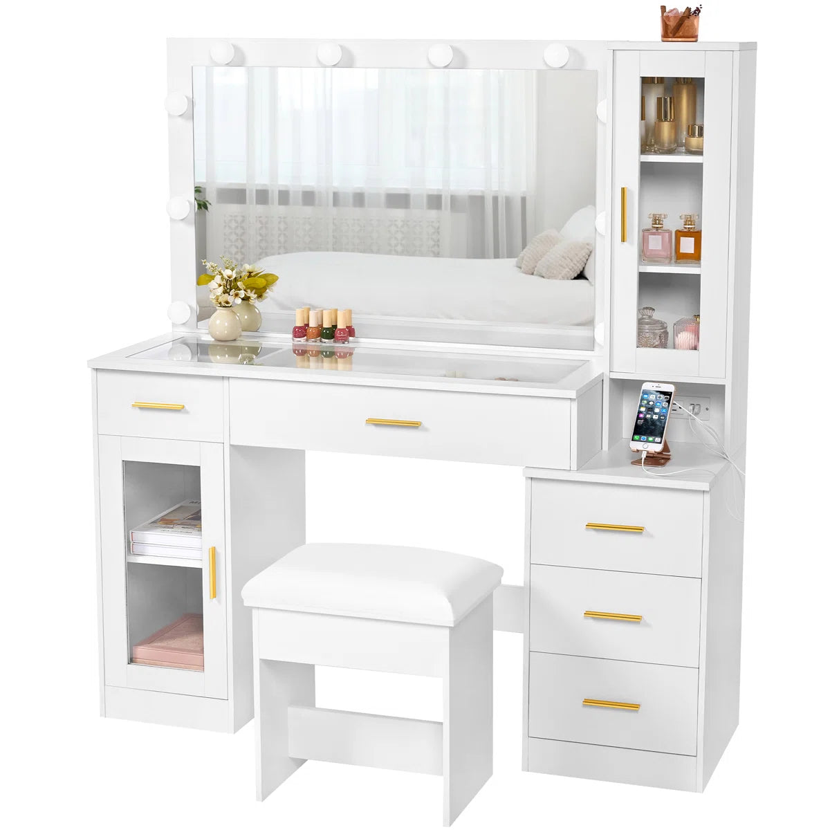 Adriel Large 49.2" Makeup Vanity Table with Stool, Adjustable LED Mirror Lights, and USB Charging Port-OUCH CART | Dressing table