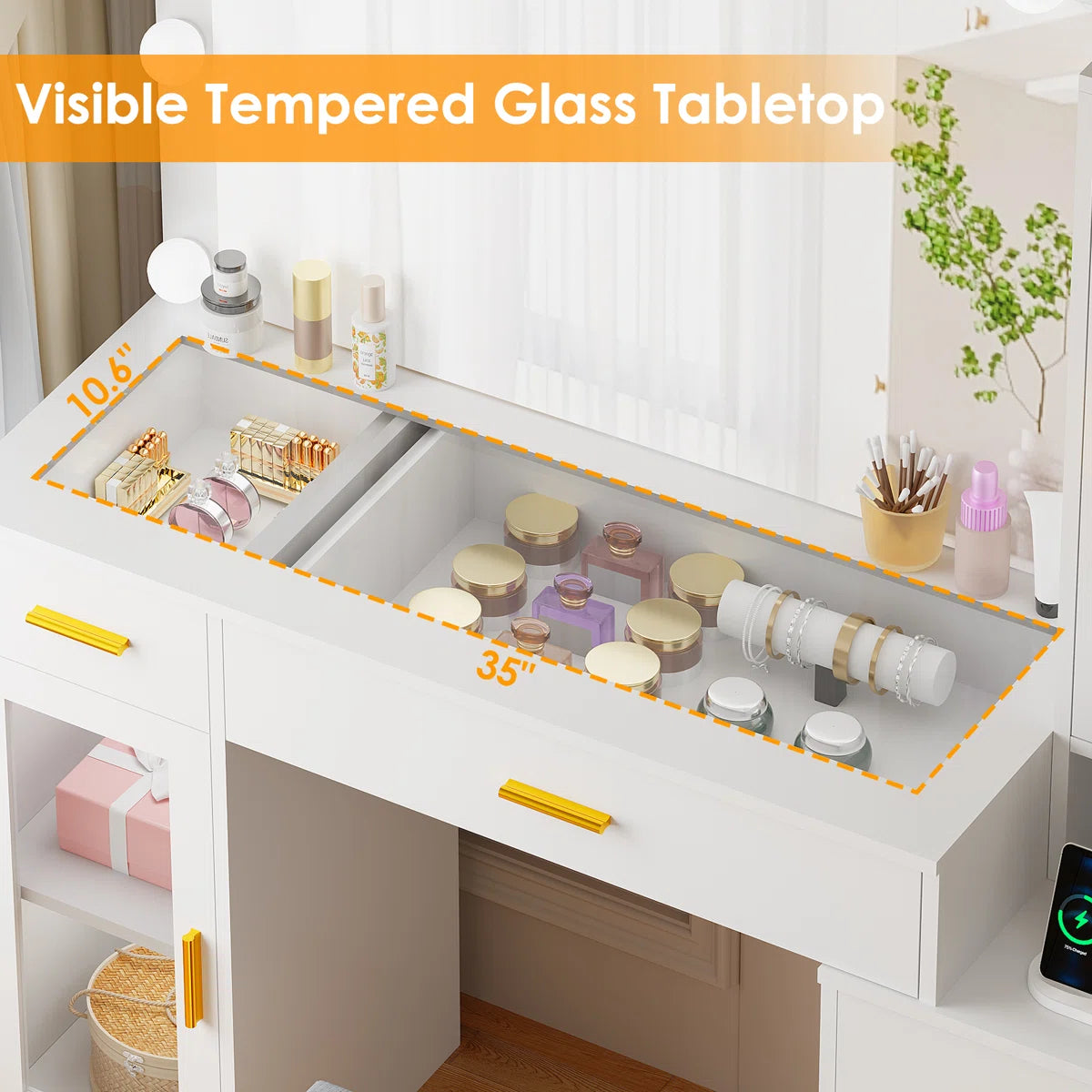 Adriel Large 49.2" Makeup Vanity Table with Stool, Adjustable LED Mirror Lights, and USB Charging Port-OUCH CART | Dressing table