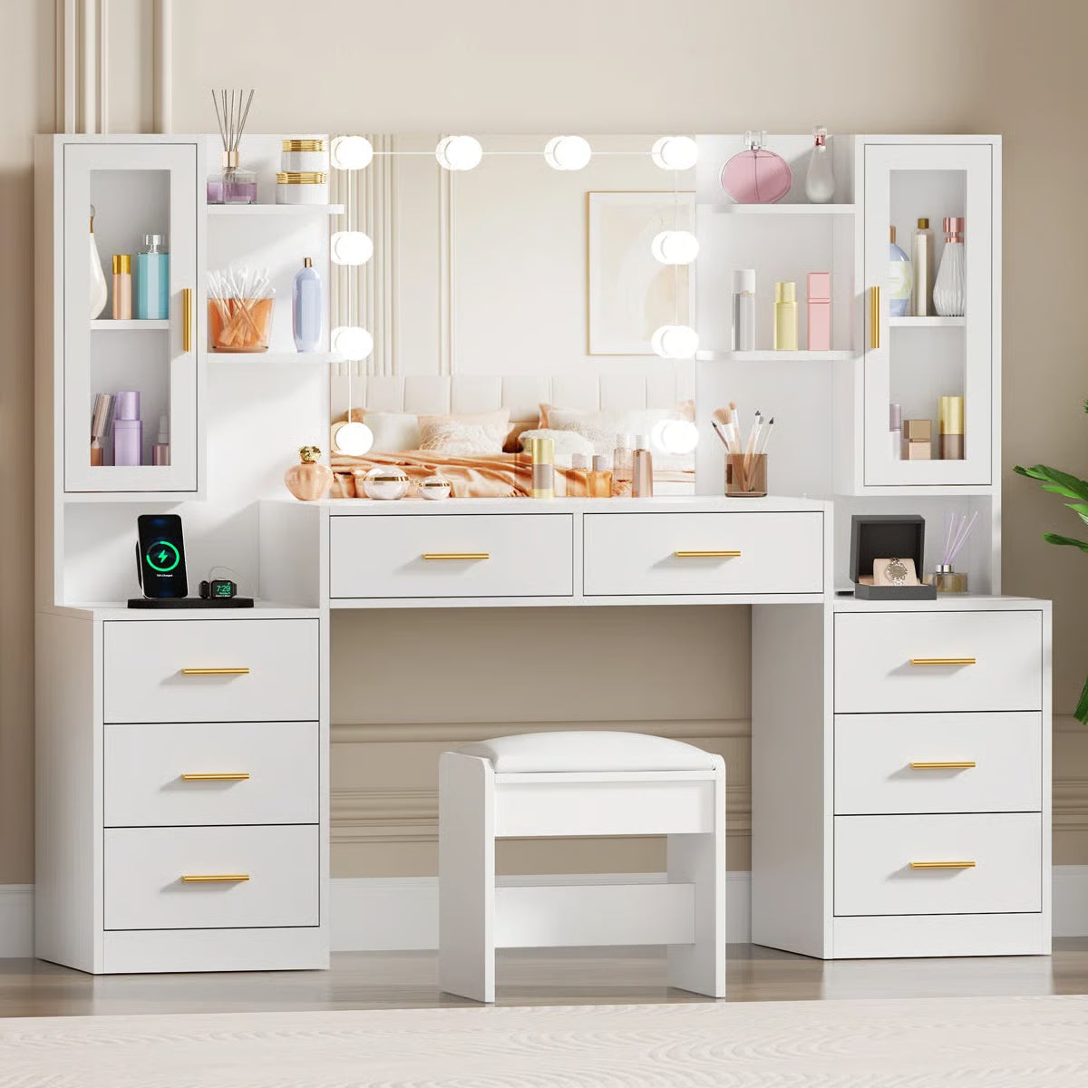 Adriel Large 59.1" Vanity Desk with Lighted Mirror, Storage Drawers, Cabinets, and Charging Station- OUCH CART | Dressing table