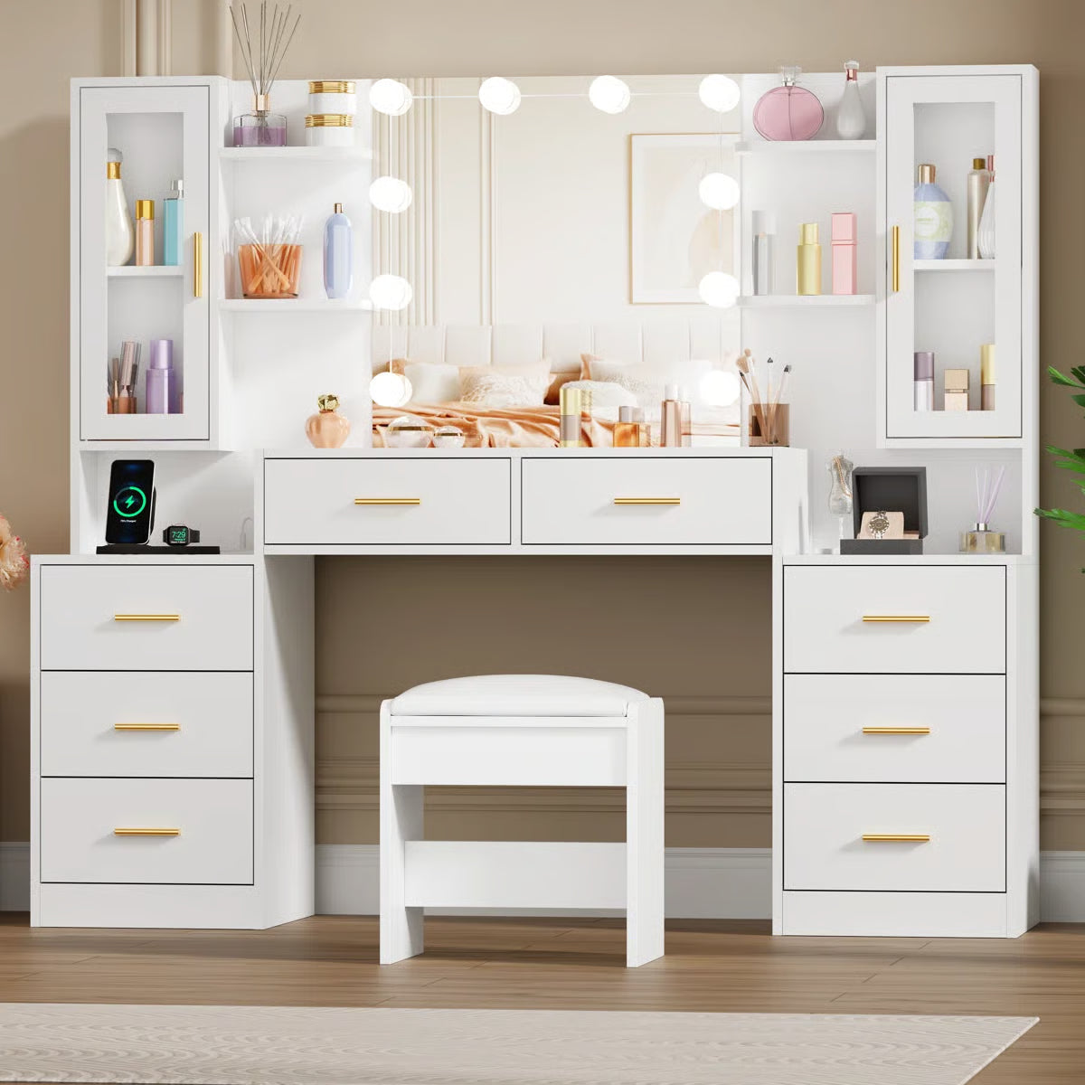 Adriel Large 59.1" Vanity Desk with Lighted Mirror, Storage Drawers, Cabinets, and Charging Station- OUCH CART | Dressing table