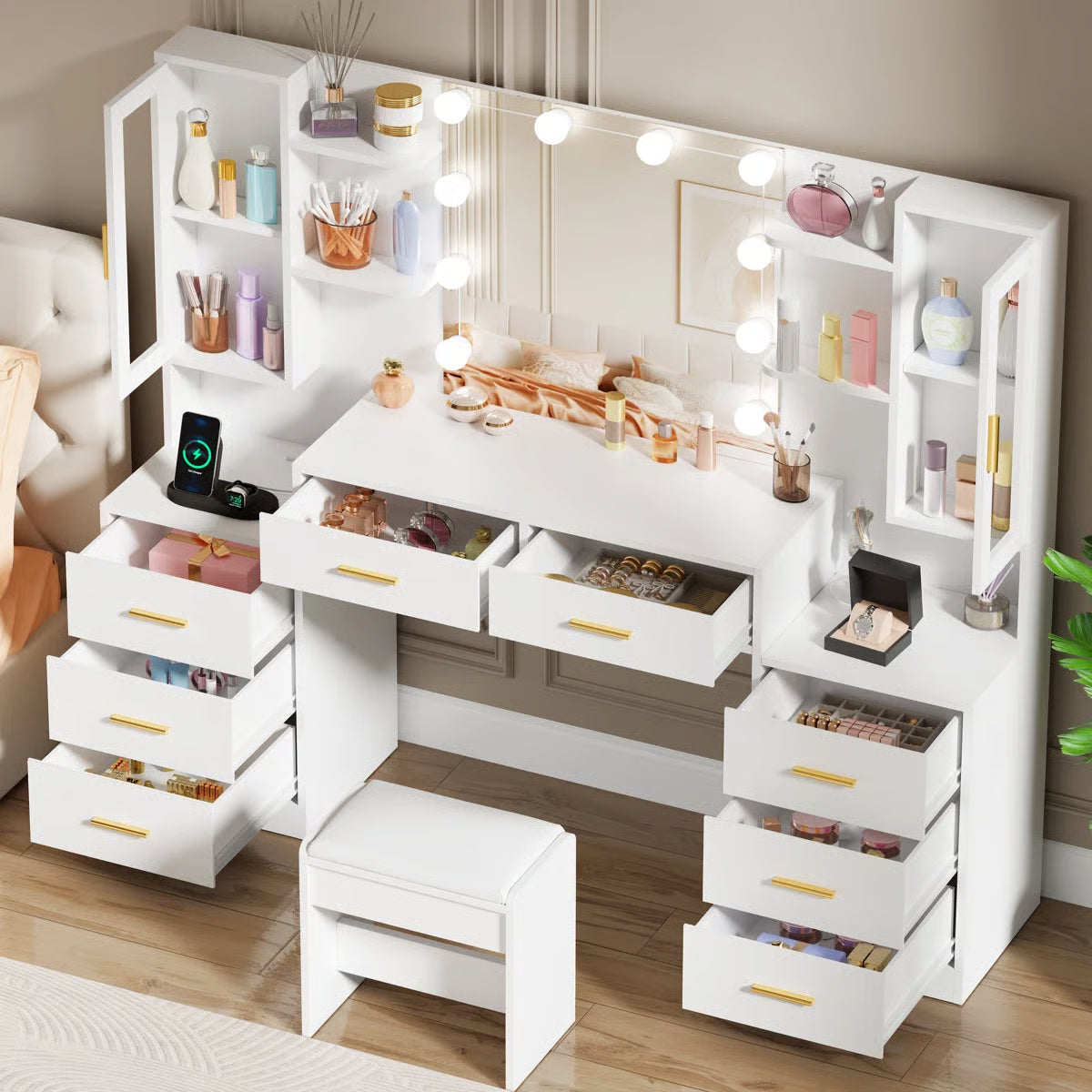 Adriel Large 59.1" Vanity Desk with Lighted Mirror, Storage Drawers, Cabinets, and Charging Station- OUCH CART | Dressing table