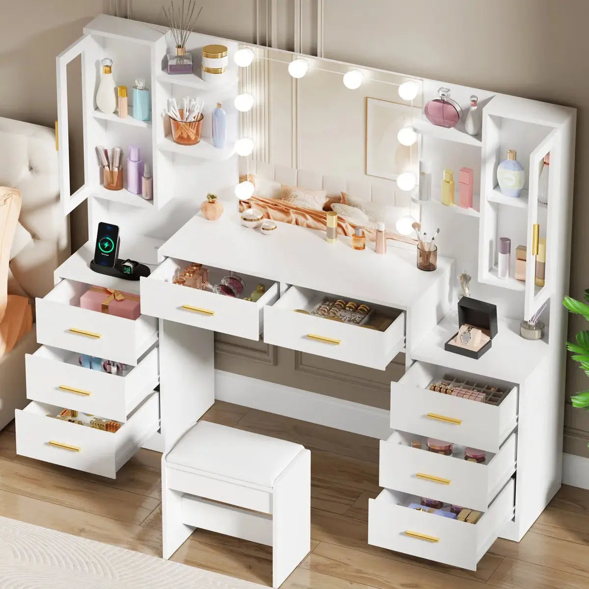 Adriel Large 59.1" Vanity Desk with Lighted Mirror, Storage Drawers, Cabinets, and Charging Station- OUCH CART | Dressing table