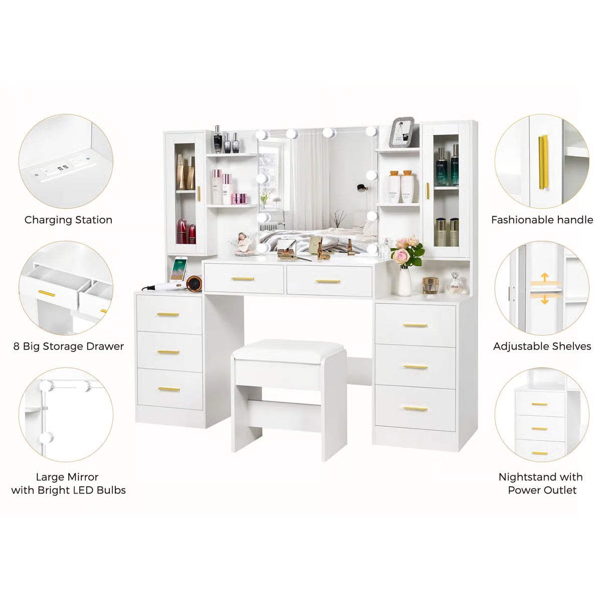 Adriel Large 59.1" Vanity Desk with Lighted Mirror, Storage Drawers, Cabinets, and Charging Station