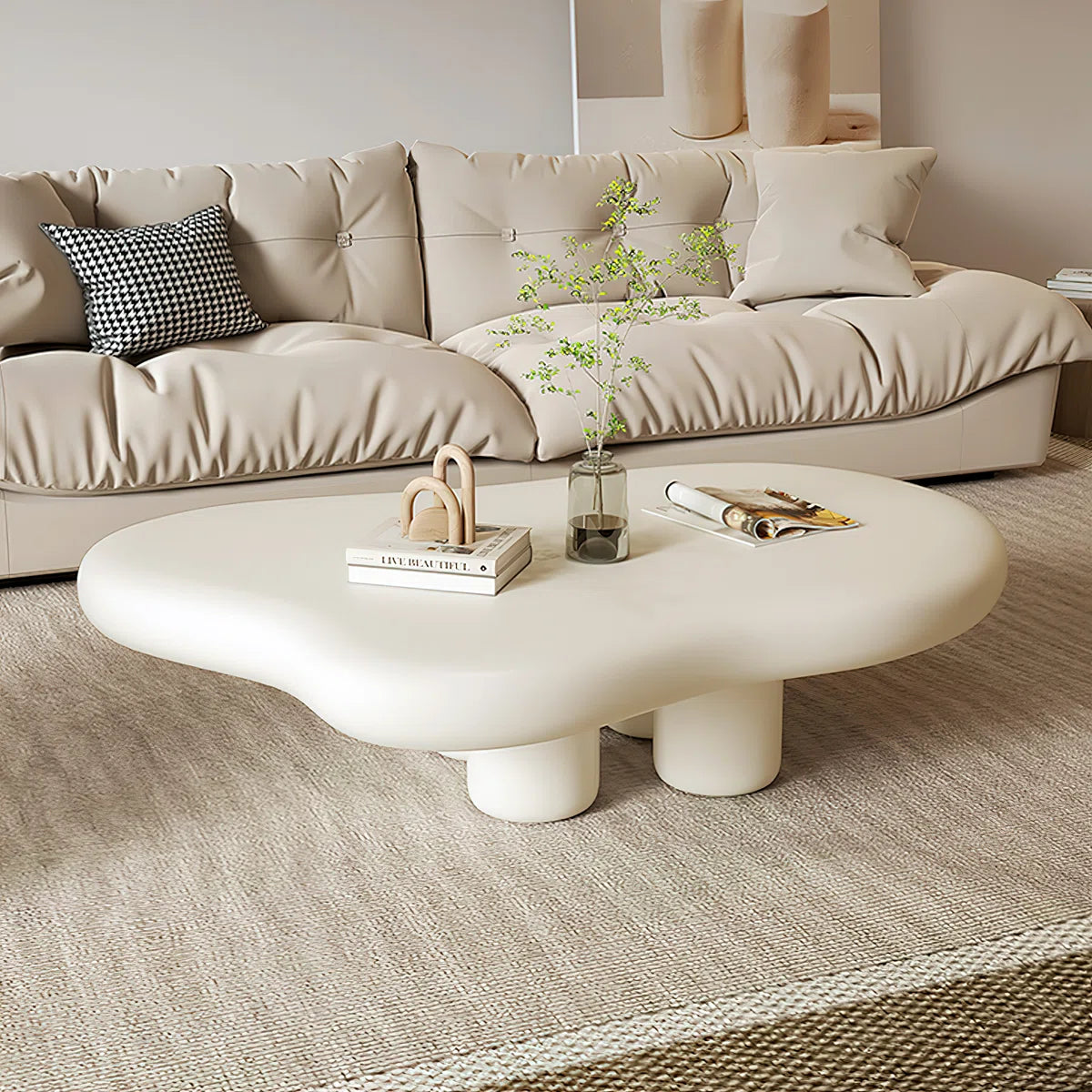 Cream Cloud Coffee Table | Modern Irregular Curved Center Table with Smooth Finish for Living Room OUCH CART