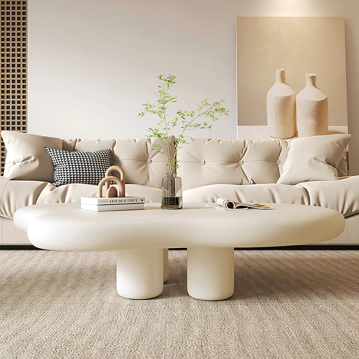 Cream Cloud Coffee Table | Modern Irregular Curved Center Table with Smooth Finish for Living Room OUCH CART