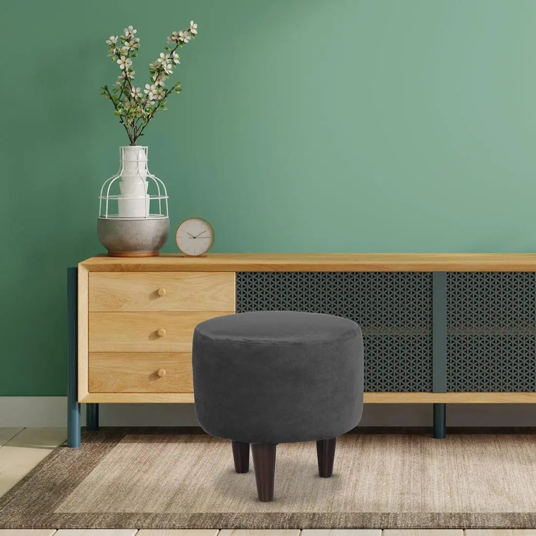 DOE BUCK ROUND VELVET OTTOMAN WITH WOODEN LEG IN MEHROON DOE BUCK