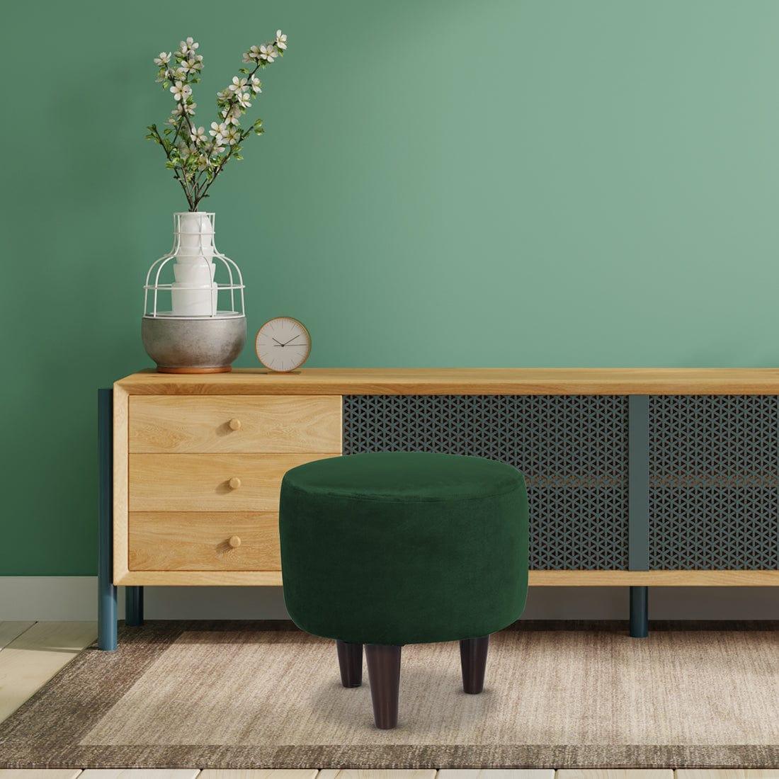 DOE BUCK ROUND VELVET OTTOMAN WITH WOODEN LEG IN MEHROON